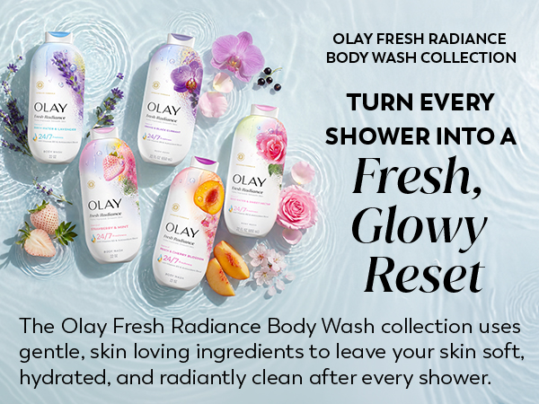 Olay Fresh radiance products placed against blue background with floral elements beside them