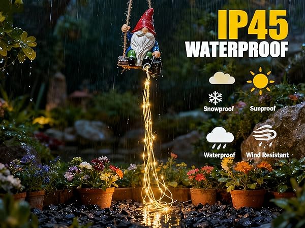 featuring a swing suspended by a hemp rope, a watering can, and a statue of a little elf