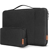 Black laptop sleeve with handle and separate accessory pouch. Textured fabric exterior, zipper closure. Orange accents on pouch and sleeve edge.