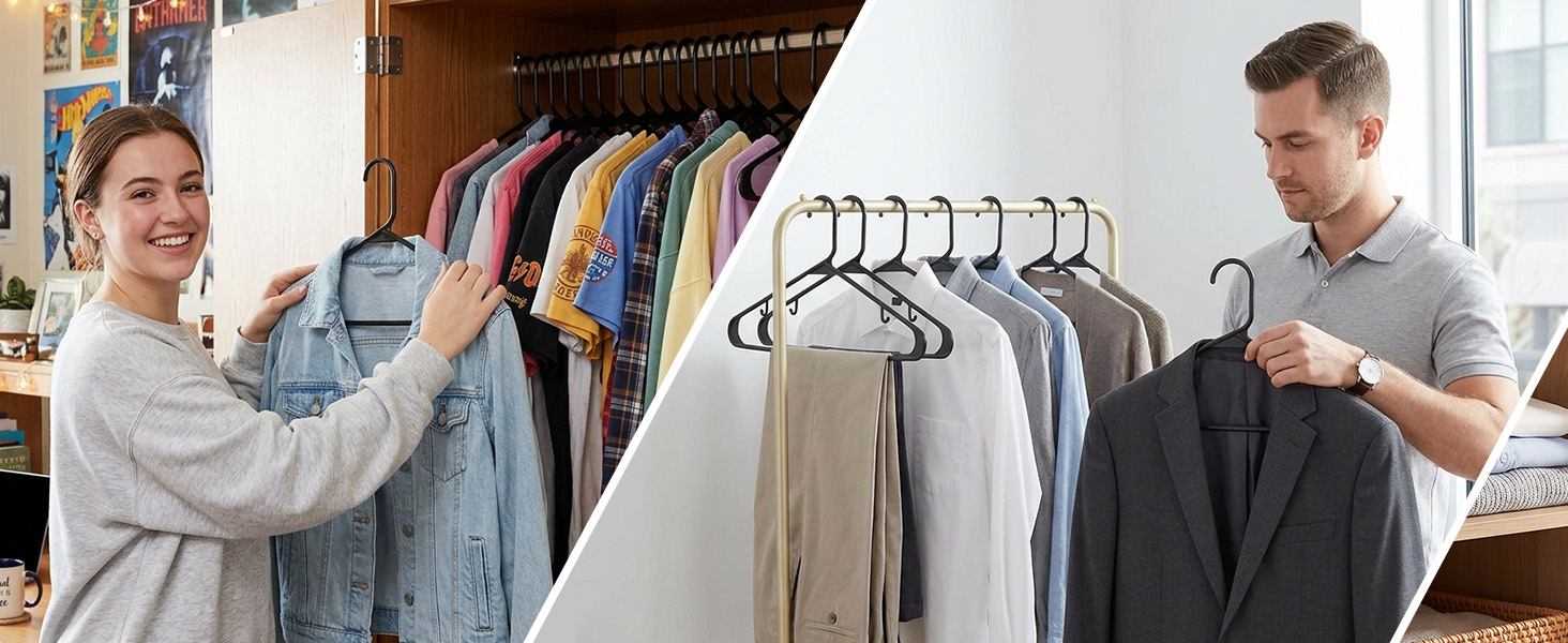 Walk-in closet organized with 50 black plastic hangers. Matching hangers create calm, boutique feel