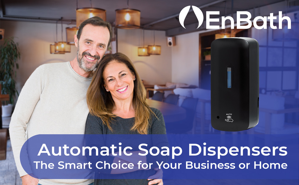 EnBath automatic touchless soap dispenser shown with couple in modern home setting