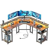 Coleshome L Shaped Gaming Desk with LED Lights &amp; Power Outlets, Reversible 56" Computer Desk with...