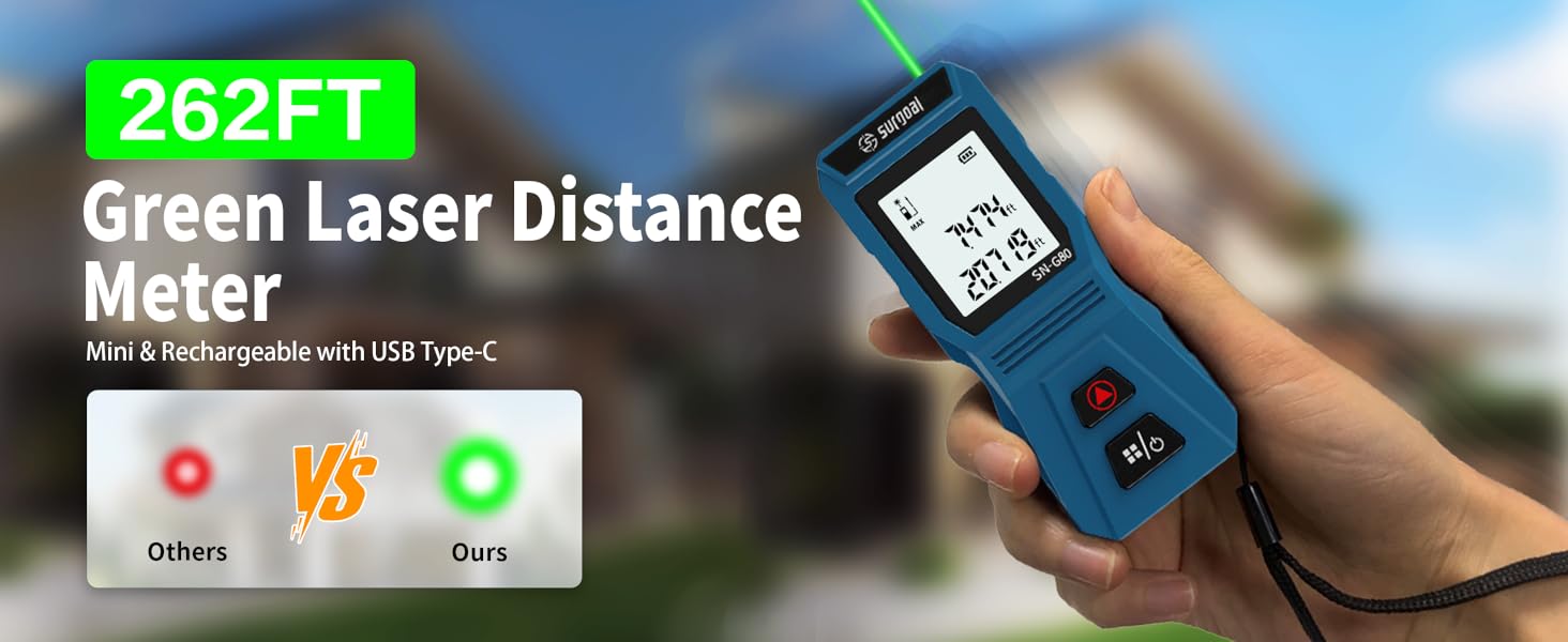 Green laser distance meter, USB-C rechargeable, 262FT measurement.