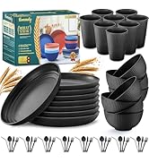 Wheat Straw Dinnerware Sets,56-Piece Black Plates and Bowls Sets for 8-Unbreakable,Reusable Plast...