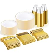 WDF 300Pcs White and Gold Plastic Plates - Gold Plates Disposable - 50 Guest Disposable Dinnerwar...
