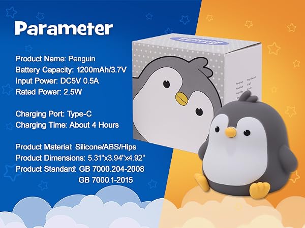 Greprety squishy penguin night light with rgb modes 3 brightness timer