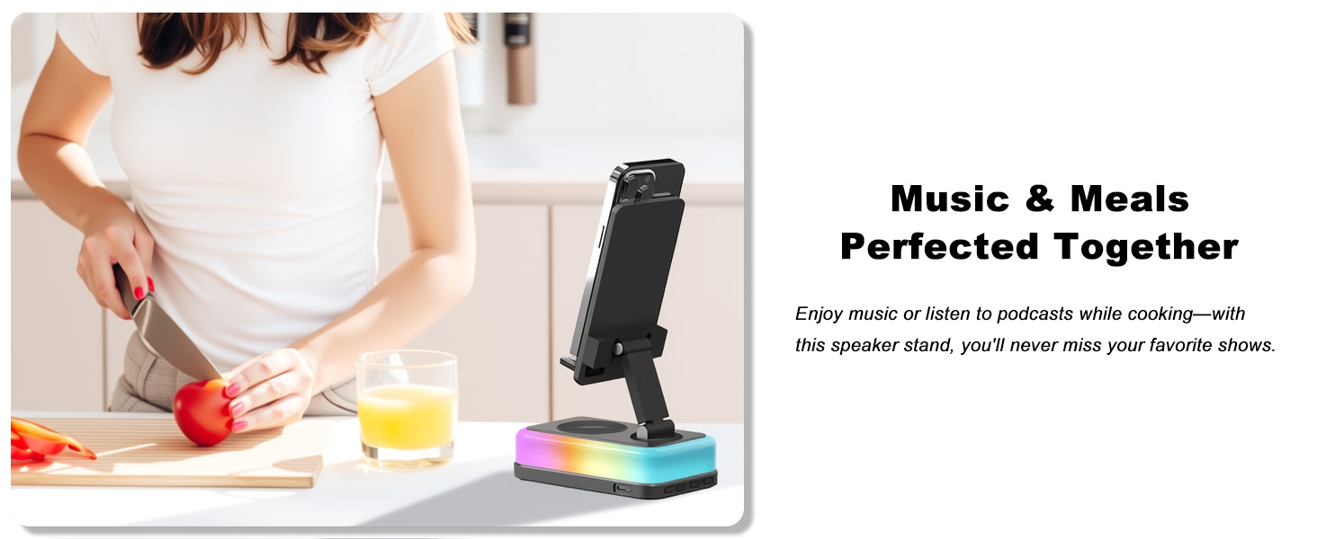 Induction speaker phone stand for kitchen counter, wireless amplifier for cooking and recipes.