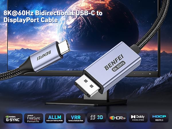 BENFEI Bidirectional USB C to DisplayPort 1.4 Cable 6FT, Support 8K@60Hz 4K@240Hz