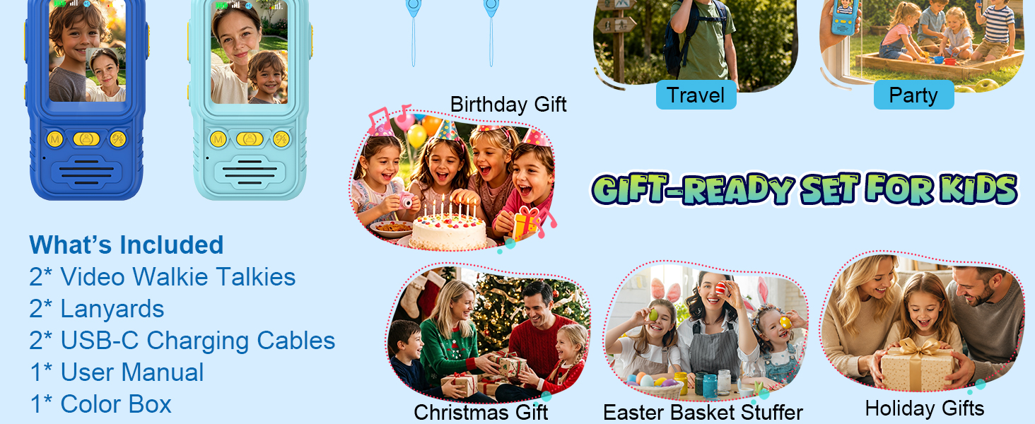 2-Pack Video Walkie Talkies for Kids Boy Girl Age 4-10 Toy Rechargeable Birthday Gift Indoor Outdoor