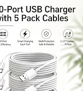 10-Port USB charger with 5-pack cables smart charging multi-protection