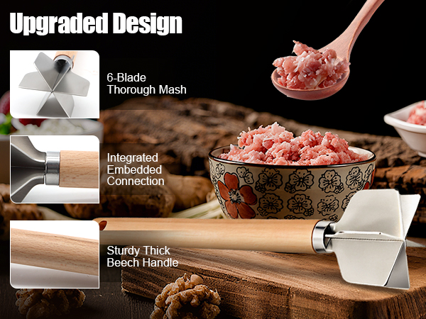 304 Stainless Steel Meat Chopper FoodGrade 6-BladeGround BeefChopper Potato Masher Hamburger Smasher