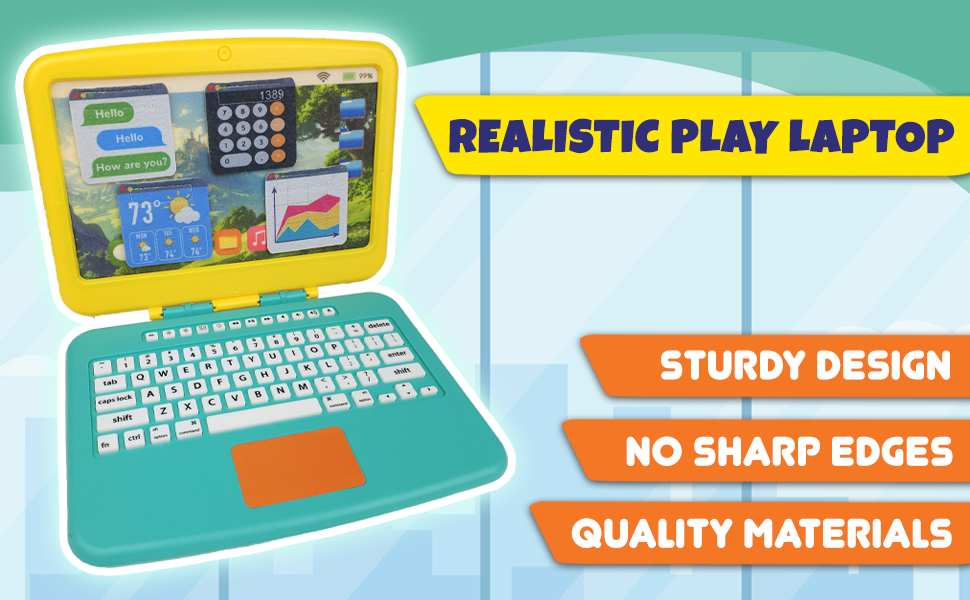 Close-up of colorful toy laptop with realistic keys and pretend screen showing charts and icons.