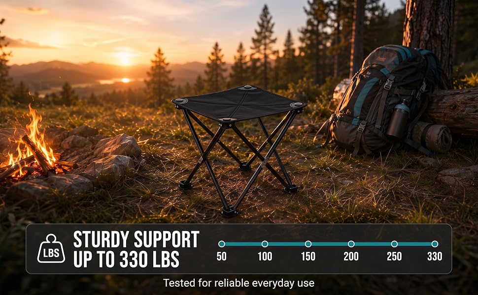Sturdy camping stool with 330 lb weight capacity support