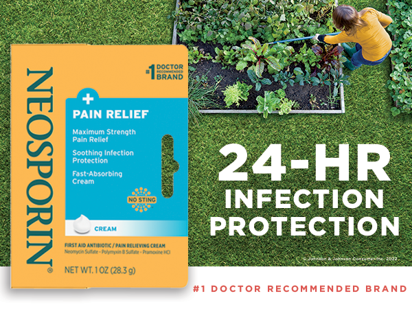 Neosporin + Pain Relief packaging over an image of a woman gardening
