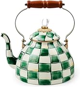 MACKENZIE-CHILDS Enamel Tea Kettle, Stylish Tea Kettle for Stovetop, Green-and-White Emerald Chec...