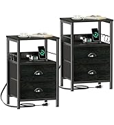 Furologee Nightstand Set of 2, Black Oak, with Charging Station and USB Ports, Side Tables with 2...