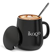 Ikago Ceramic Coffee Mug Set, 15oz Mugs with Lid and Spoon, Black Coffee Mug, Matching Mug lid, N...
