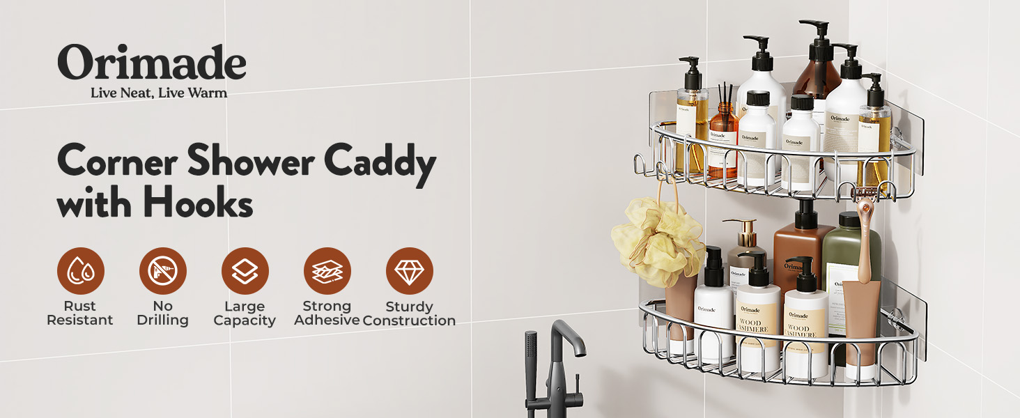 Orimade Corner Shower Caddy Stainless Steel with Hooks Wall Mounted Bathroom Shelf Storage Organizer