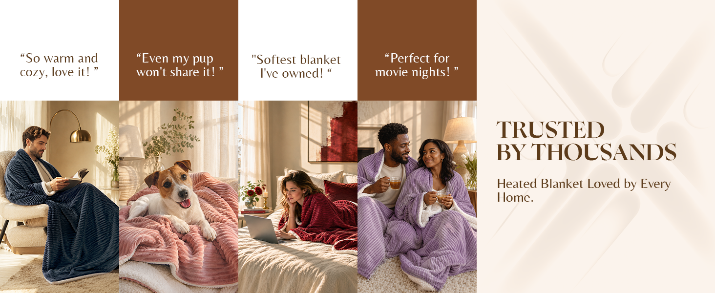Trusted heated blanket reviews, electric throw for women men seniors pets, cozy home scenes
