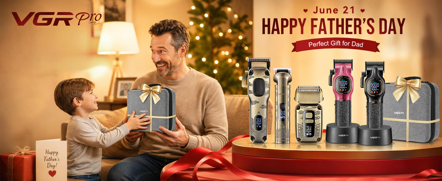 Text reads "VGR 7" and "HAPPY FATHER'S DAY". Man and child at table with gift, surrounded by multiple VGR branded grooming product bottles and containers on warm-lit background with decorative lights.