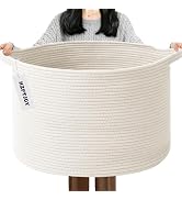 HZFTJOY 65L Large Blanket Basket,Woven Rope Laundry Basket-White | Collapsible, reinforced handle...