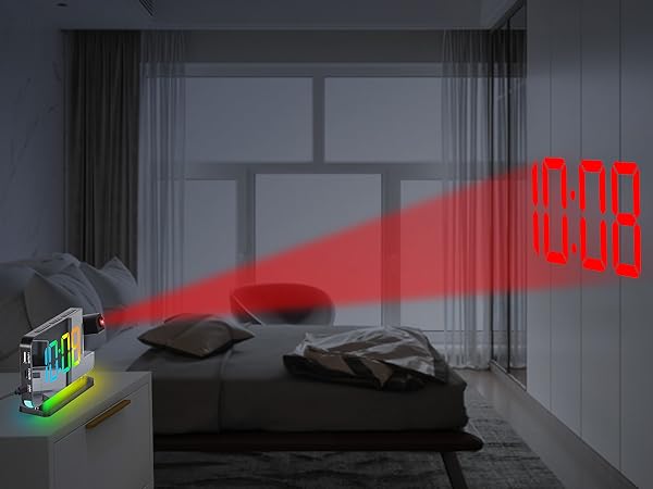 Projection Alarm Clock,7.4 in LED Mirror Digital Clocks Projection on Ceiling Wall,RGB Night Light
