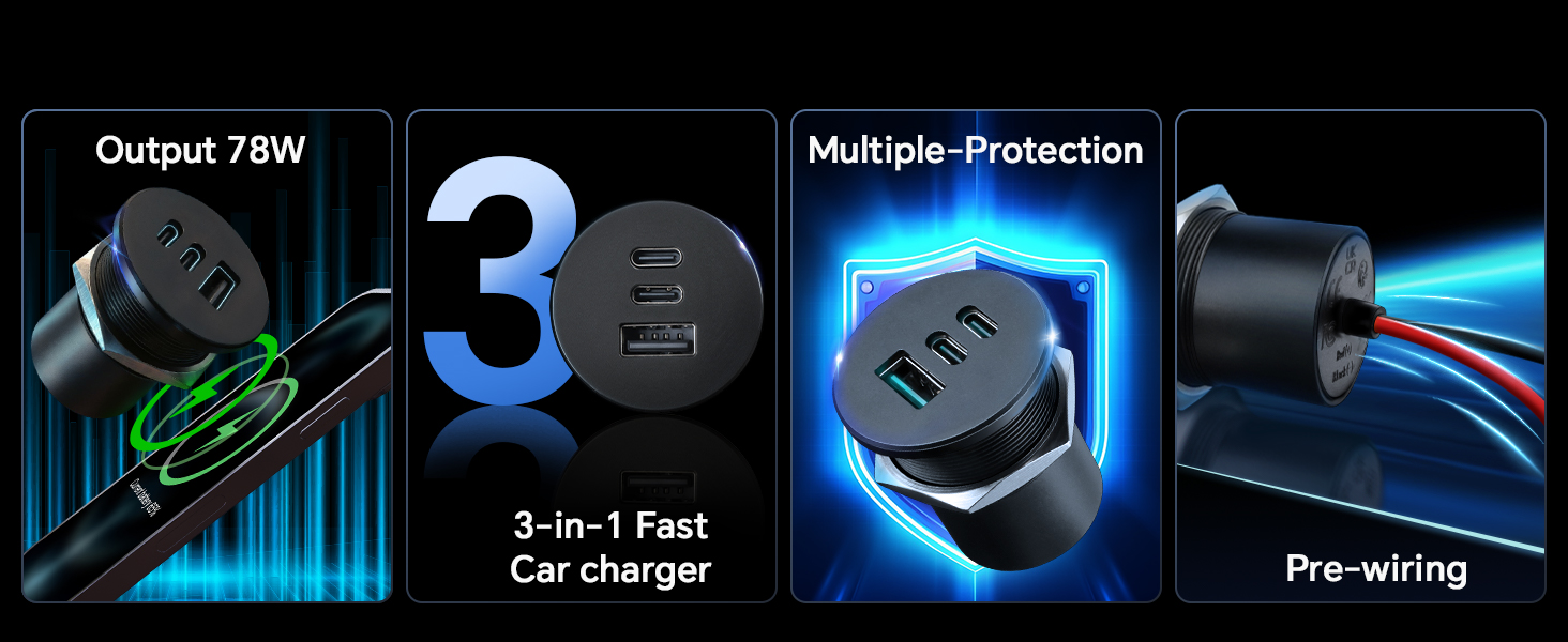 Output 78W 3-in-1 Fast Car charger Multiple-Protection Pre-wiring