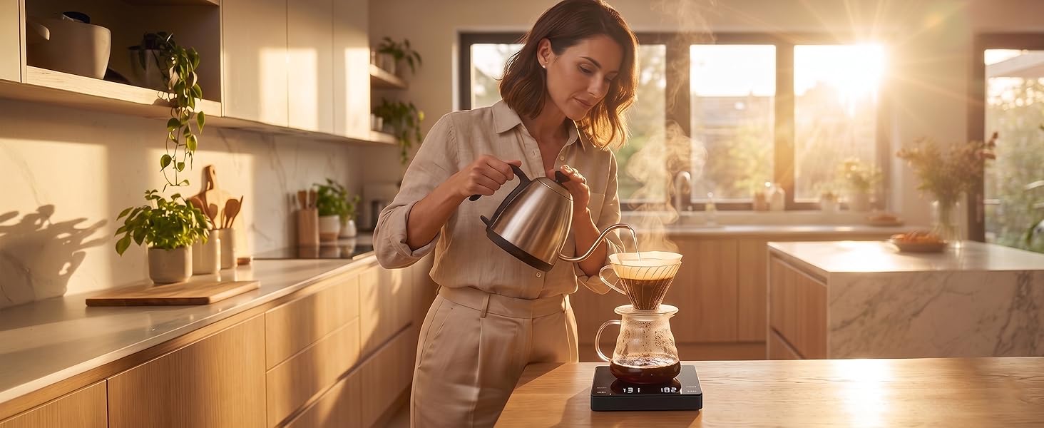 Coffee scale with timer measuring pour over blooms