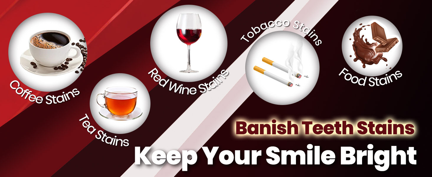 Text reads: 'Banish Teeth Stains Keep Your Smile Bright' with circular icons showing coffee, red wine, cigarettes, and food stains against a red and white background.