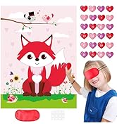 PLULON Valentines Game for Kids Pin Heart on Fox with 24 Heart Stickers Poster Backdrop for Girl ...