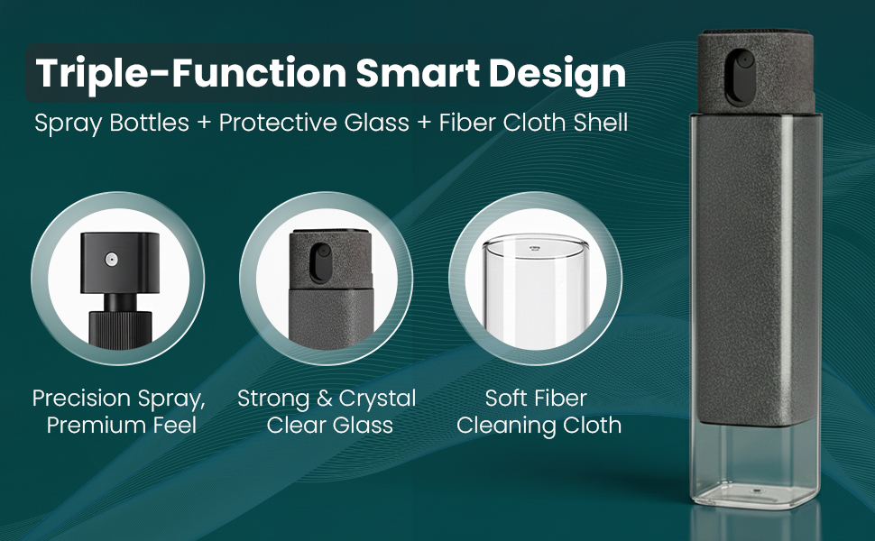 Triple-function screen cleaner with precision spray, glass bottle, and fiber shell