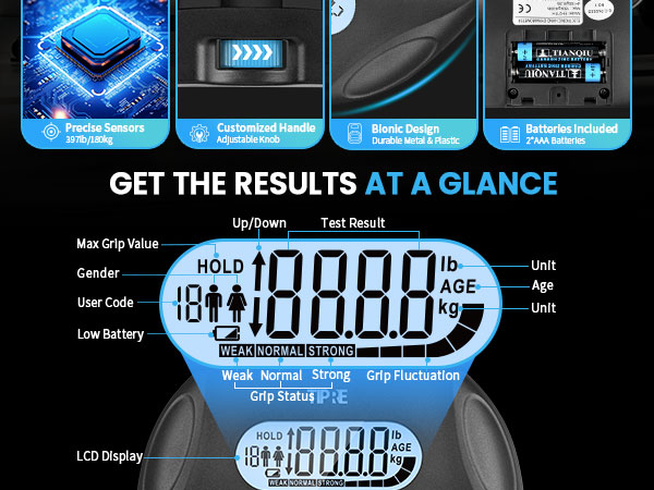 Grip Strength Tester, Hand grip Dynamometer, Digital Grip Strength Tester,Adjustable Hand Grip
