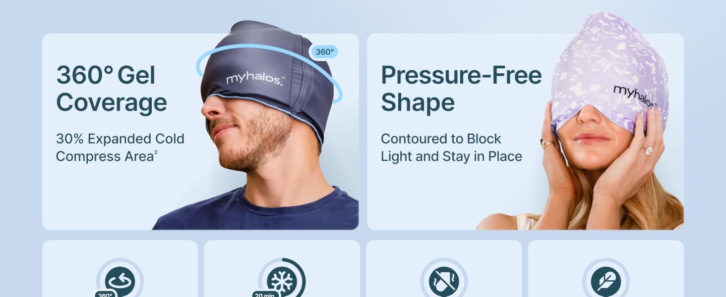 Text reads '360° Gel Coverage', 'Pressure-Free', 'Shape'. Product feature icons showing gel pad characteristics and benefits with circular design elements.