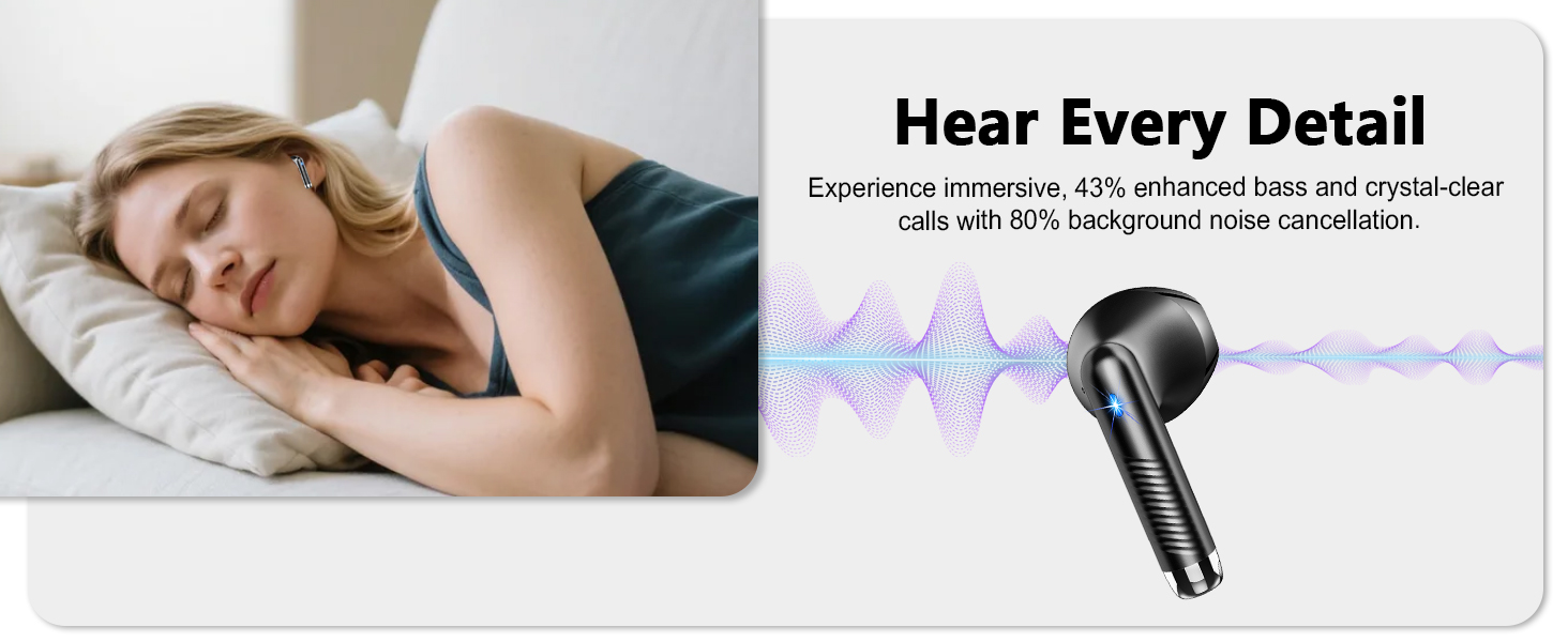 Text reads 'Hear Every Detail'. Marketing composite for audio device showing someone sleeping and sound wave visualization.