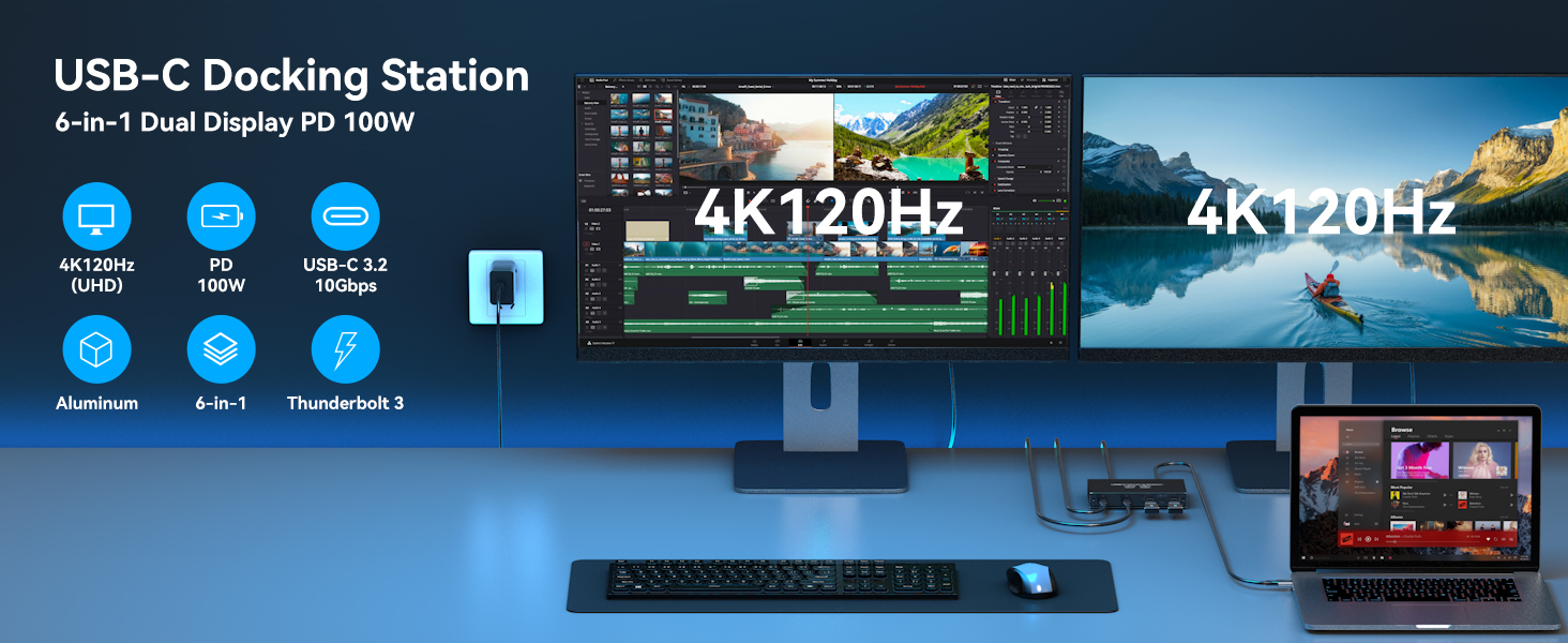USB-C Docking Station 6-in-1 Dual Display PD 100W