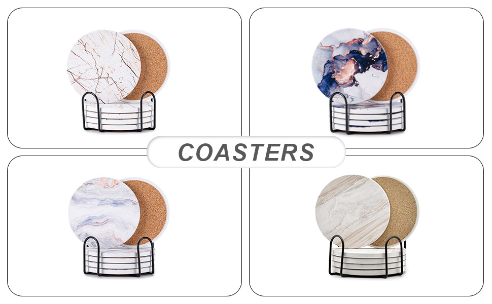 Drink Coasters with Holder, Marble Style Ceramic Drink Coaster, Modern Style Coasters, 4 Inches