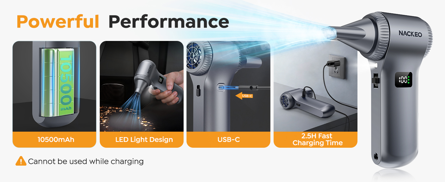 Text reads 'Powerful Performance'. Series of product photos showing a silver cylindrical device with technical specifications and feature demonstrations.