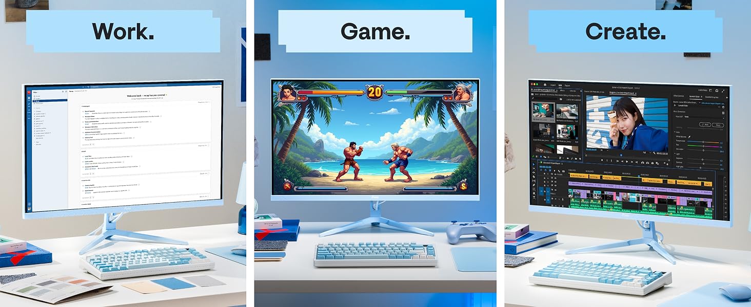 Blue 27-inch monitor for office work, gaming, competitive play, and creative use