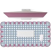 Cute Pink Blue Scalloped Desk Mat Pastel Checkered Large Mouse Pad Aesthetic Retro Vintage Cottag...