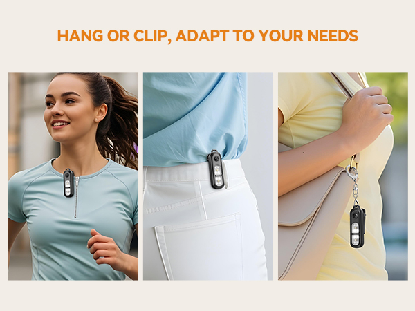 Text reads 'HANG OR CLIP, ADAPT TO YOUR NEEDS'. Three panel image showing clip attachment being used on different clothing items.