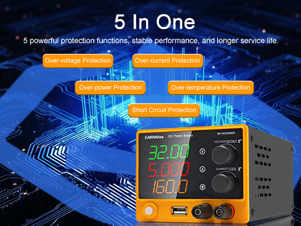 30V 5A Adjustable Lab Bench Power Supply with 4-Digit Display, 18W USB Fast Charging