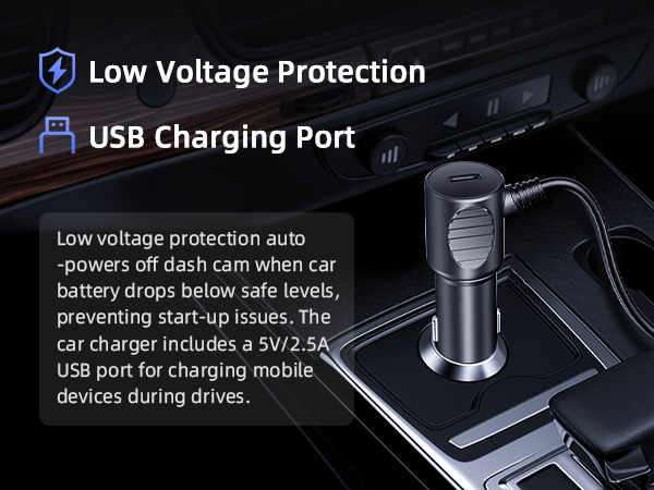Text reads 'Low Voltage Protection' and 'USB Charging Port'. Car charger device with specifications about low voltage protection and USB port features.