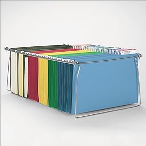 Smead hanging folder steel frame closeup with colored hanging file folders with tabs