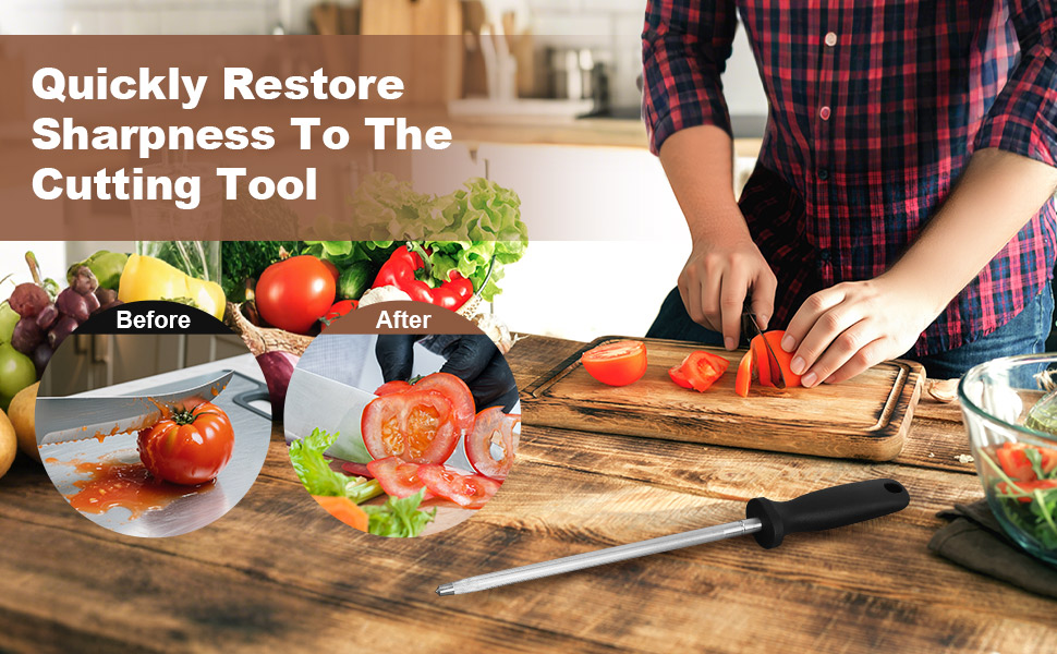 A chef is cutting tomatoes with a sharpening stick next to him