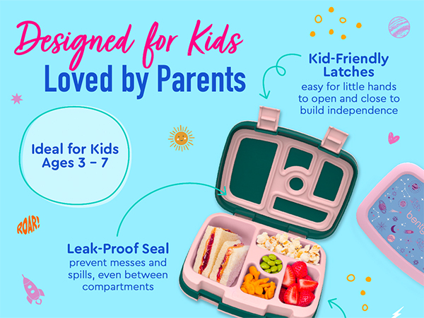 designed for kids ages 3 - 7 loved by parents easy open latches leak proof 5 compartments healthy