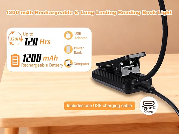 VAVOFO 1200mAh rechargeable reading book light with rotatable light head-black for mobile