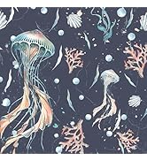 HeloHo Peel and Stick Wallpaper Dark Blue Wall Paper Ocean Jellyfish Seaweed Self Adhesive Remova...