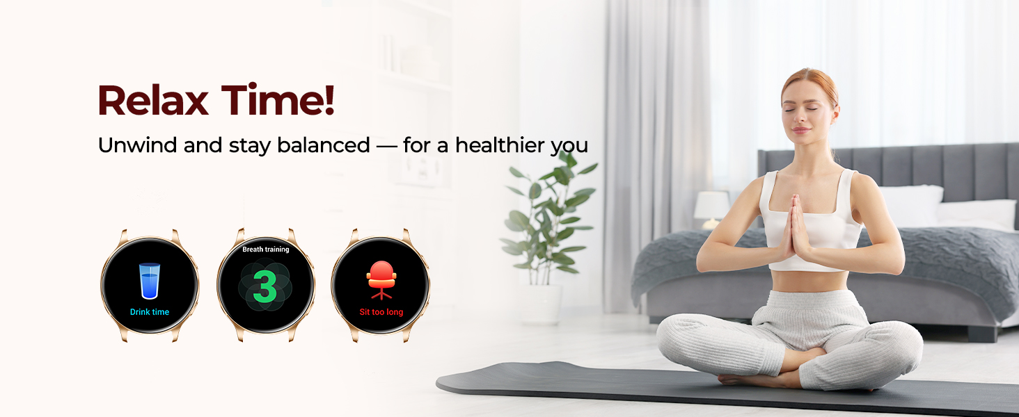 Wellness smart watch with hydration alerts, sedentary reminders and breathing exercises