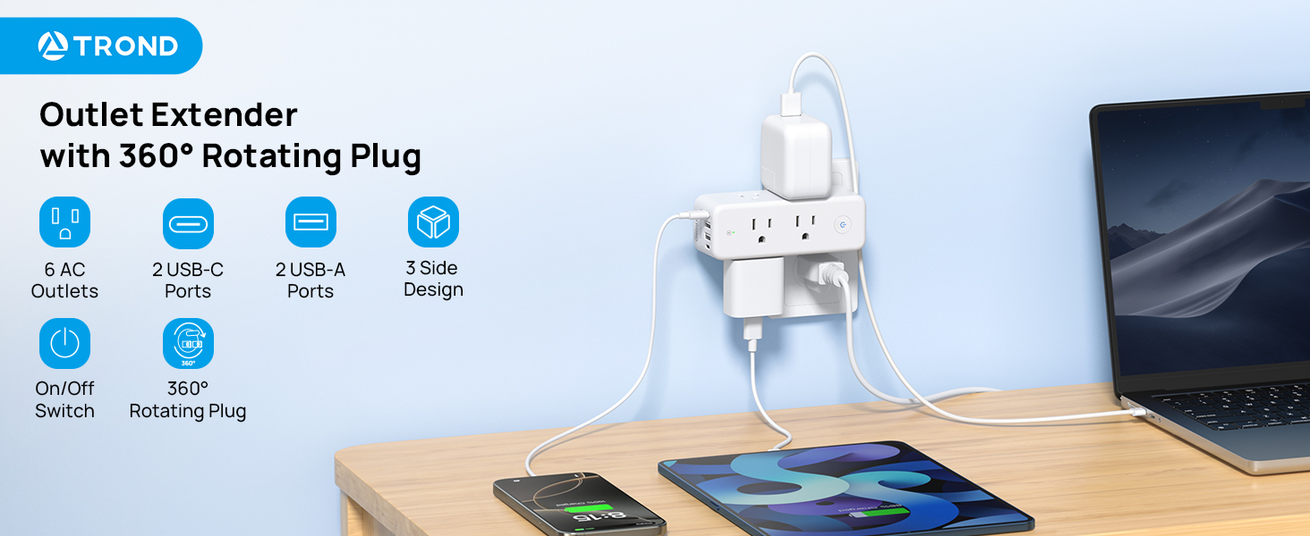 Multi plug outlet extender with 360° rotating plug