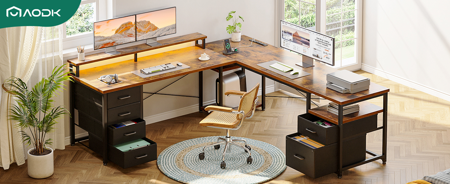 AODK 66" L Shaped Computer Desk with Drawers, 113" Reversible Home Office Desk